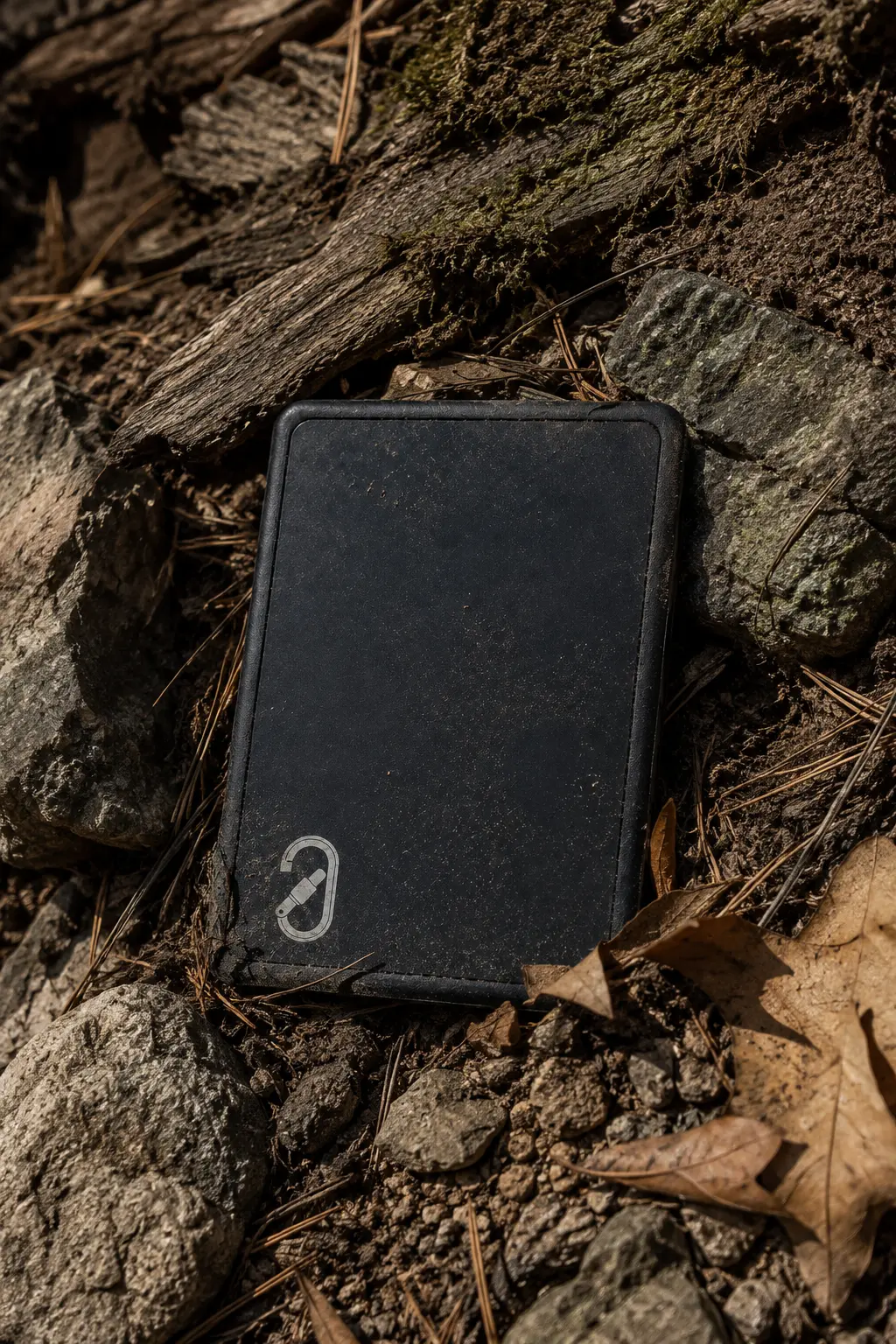 Aspen Pro wallet resting on the wet forest floor as a hand reaches for it